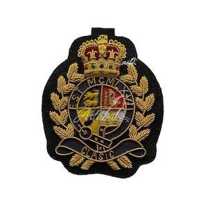 Klassisk vintage Bullion Wire-kavajmärke | Handbroderad kunglig vapenmärkeslapp | Sy-på militär vapenapplikation | Antik guldtrådsemblem