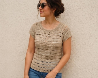Driftwood Crochet Tee Pattern | Seamless Top-Down Raglan Summer Shirt (PDF Download)