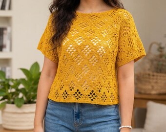 Daisy Lace Crochet Tee Pattern, Oversized Summer Top, Intermediate PDF Download