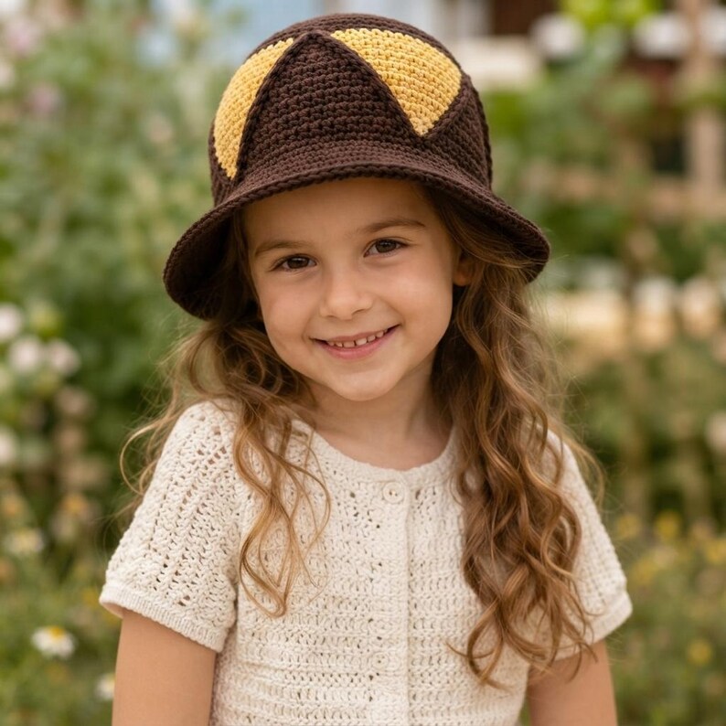 May include: A dark brown crochet bucket hat featuring two prominent, triangular yellow accents on the front. The hat is constructed with a dense, textured stitch pattern and includes a wide, downward-sloping brim that frames the face.