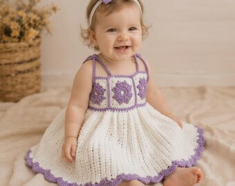 Crochet Baby Dress Pattern | Floral Granny Square Bodice, Fan Skirt (PDF Download)