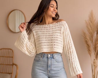 Mesh Long Sleeve Crop Sweater Crochet Pattern, Mesh Crochet Top Pattern, Long Sleeve Crochet Sweater, Beginner Crochet Sweater PDF Download
