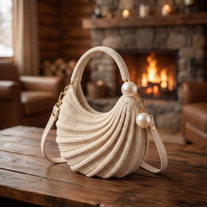 May include: A cream-coloured, crescent-shaped handbag featuring a ribbed, knit texture. The bag includes a single top handle and a detachable shoulder strap, both accented with large, round, white faux pearl beads and gold-toned metal chain links.