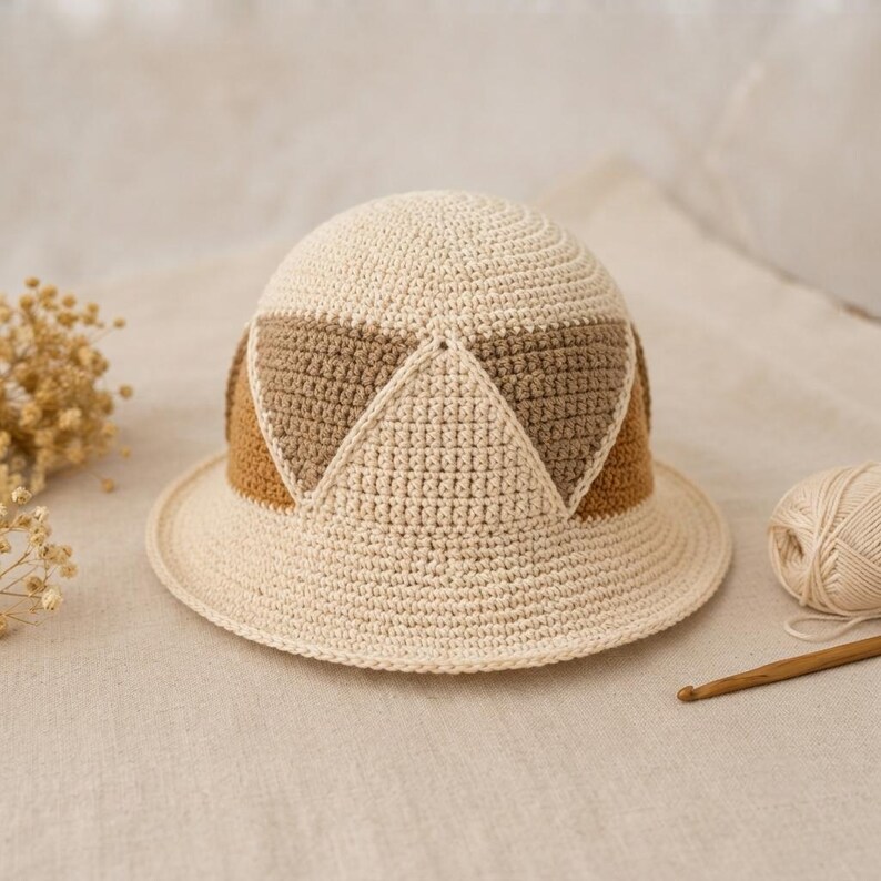 May include: A cream-colored crochet bucket hat featuring a rounded crown and a flat brim. The hat is decorated with triangular patterns in alternating shades of light brown and medium brown yarn, integrated into the main cream-colored body.