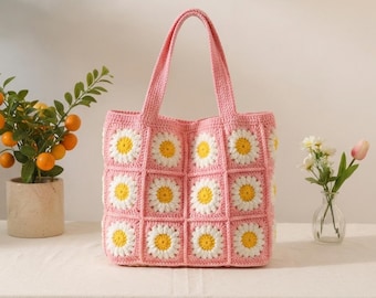 Daisy Granny Square Tote Bag Crochet Pattern | Beginner Floral Crochet (PDF Download)