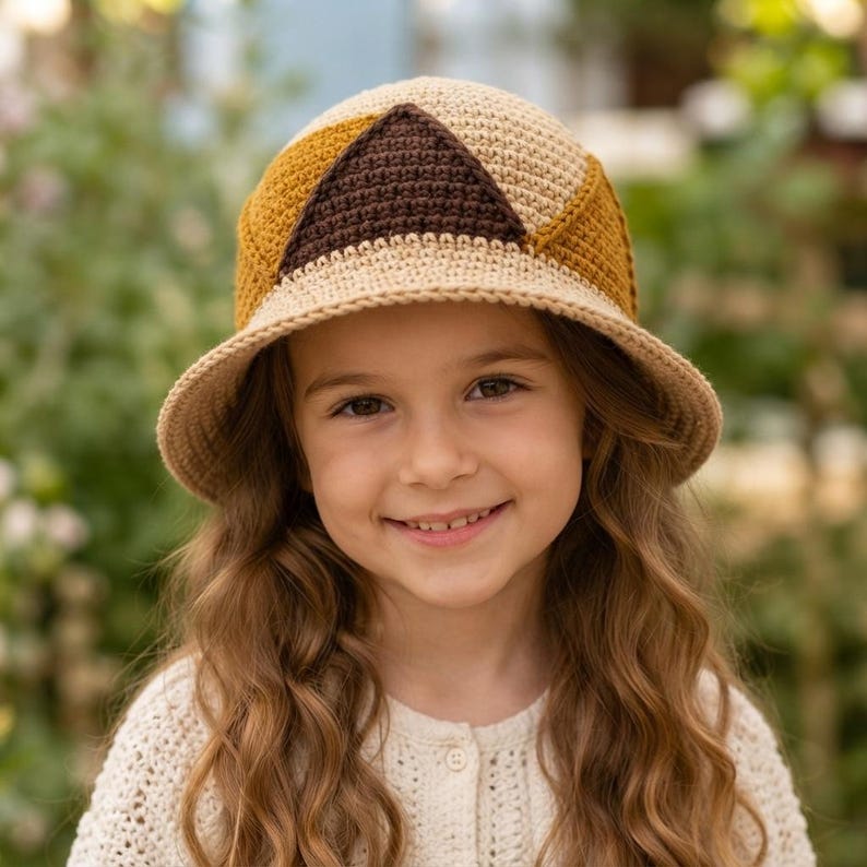 May include: A crochet bucket hat featuring a geometric color-blocked design in shades of beige, mustard yellow, and dark brown. The hat has a rounded crown and a downward-sloping brim, constructed with a dense, textured stitch pattern throughout.