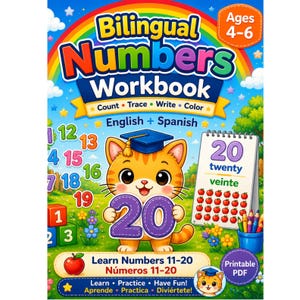 Puede incluir: Un libro de ejercicios bilingüe de números para niños de 4 a 6 años con un gato de dibujos animados que lleva un birrete y sostiene el número 20. La portada incluye el texto Count, Trace, Write, Color, English + Spanish y Learn Numbers 11-20.