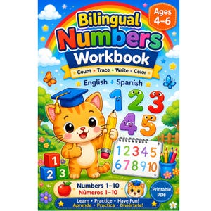 Puede incluir: Un libro de ejercicios bilingüe de números para edades de 4 a 6 años con un gato naranja que lleva un birrete azul y sostiene un lápiz amarillo. La portada muestra números coloridos del 1 al 10, un cuaderno de espiral, una manzana y un arcoíris.
