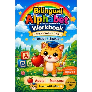 Puede incluir: Una portada de libro de ejercicios de alfabeto bilingüe con un gato naranja de dibujos animados con birrete azul, sosteniendo una manzana roja y un lápiz amarillo. El texto dice Bilingual Alphabet Workbook, English + Spanish y Learn with Milo.