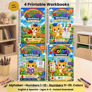 Puede incluir: Cuatro cuadernos de trabajo bilingües encuadernados en espiral para edades de 4 a 6 años, con una mascota de gato de dibujos animados. Los títulos incluyen Alfabeto, Números 1-10, Números 11-20 y Colores. Cada portada muestra texto en inglés y español.