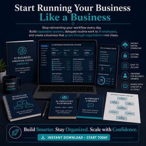 May include: An AI Business Operating System starter kit featuring a laptop, tablet, and printed manuals titled AI Employee Playbook, Workflow Blueprints, and AI Prompt Library. The set includes a black mug and a business workflow map on a dark background.