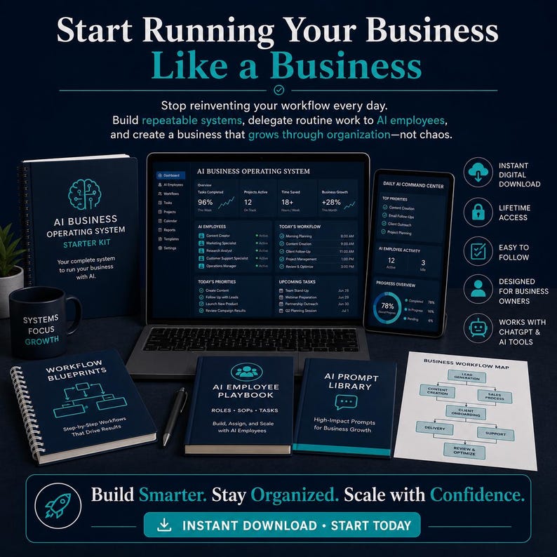 May include: An AI Business Operating System starter kit featuring a laptop, tablet, and printed manuals titled AI Employee Playbook, Workflow Blueprints, and AI Prompt Library. The set includes a black mug and a business workflow map on a dark background.