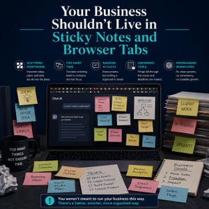May include: A laptop screen displaying a Chat AI interface surrounded by numerous colorful sticky notes with handwritten text like Content Ideas, To-Do, and Tasks. A black mug with text, a stack of papers, and a notebook are also visible.