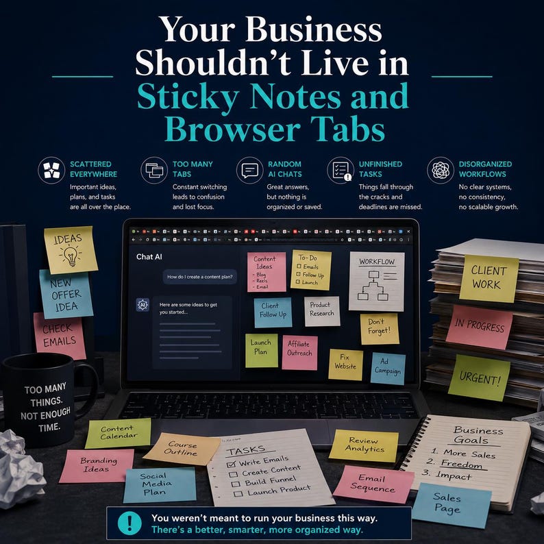 May include: A laptop screen displaying a Chat AI interface surrounded by numerous colorful sticky notes with handwritten text like Content Ideas, To-Do, and Tasks. A black mug with text, a stack of papers, and a notebook are also visible.