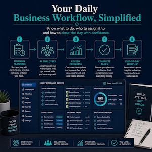 May include: A dark blue infographic titled Your Daily Business Workflow, Simplified, featuring a five-step process with icons for morning planning, AI employees, review progress, complete tasks, and end-of-day wrap-up above a digital dashboard.