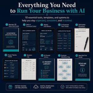 May include: A digital business toolkit featuring ten essential components: an AI Business Operating System guide, Daily Command Center, Weekly CEO Review, AI Employee Task Tracker, SOP Builder Worksheet, Project Pipeline Tracker, Decision Log, AI Prompt Library, Business Workflow Map, and a Read Me First guide, all presented in a dark blue and teal color scheme.