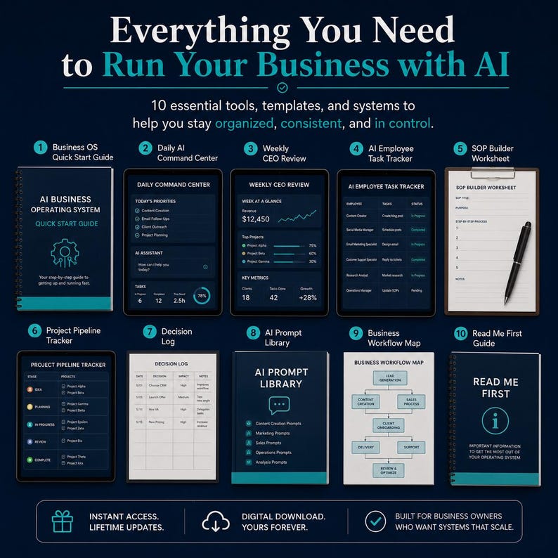 May include: A digital business toolkit featuring ten essential components: an AI Business Operating System guide, Daily Command Center, Weekly CEO Review, AI Employee Task Tracker, SOP Builder Worksheet, Project Pipeline Tracker, Decision Log, AI Prompt Library, Business Workflow Map, and a Read Me First guide, all presented in a dark blue and teal color scheme.