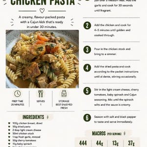 K&ouml;nnte beinhalten: Eine Rezeptkarte f&uuml;r cremige Cajun-H&auml;hnchen-Pasta mit dem Titel Part 3 Lazy Girl Dinners. Sie enth&auml;lt ein Foto von Rotini-Nudeln mit H&auml;hnchen und Tomaten, eine Zutatenliste in Gramm, eine sechsschrittige Zubereitung und die N&auml;hrwertangaben.