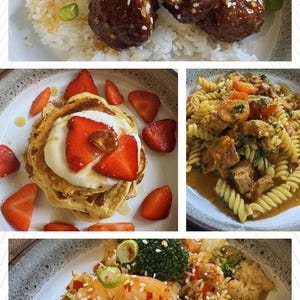 K&ouml;nnte beinhalten: Eine Collage aus vier Gerichten: glasierte Fleischb&auml;llchen mit wei&szlig;em Reis und Brokkoli, Pfannkuchen mit Joghurt und Erdbeerscheiben, Rotini-Nudeln mit H&uuml;hnchen und Tomaten sowie gebratener Reis mit Garnelen, Brokkoli und roten Paprika.