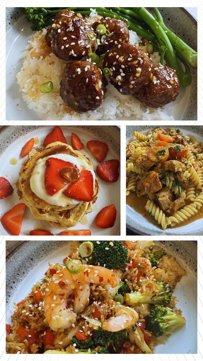 K&ouml;nnte beinhalten: Eine Collage aus vier Gerichten: glasierte Fleischb&auml;llchen mit wei&szlig;em Reis und Brokkoli, Pfannkuchen mit Joghurt und Erdbeerscheiben, Rotini-Nudeln mit H&uuml;hnchen und Tomaten sowie gebratener Reis mit Garnelen, Brokkoli und roten Paprika.