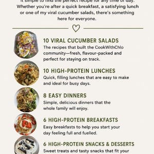 K&ouml;nnte beinhalten: Eine digitale E-Book-Informationsseite mit dem Titel What's Inside und einer Gurkengrafik. Sie listet f&uuml;nf Rezeptabschnitte auf: 10 Viral Cucumber Salads, 10 High-Protein Lunches, 8 Easy Dinners, 6 High-Protein Breakfasts und 6 High-Protein Snacks & Desserts.