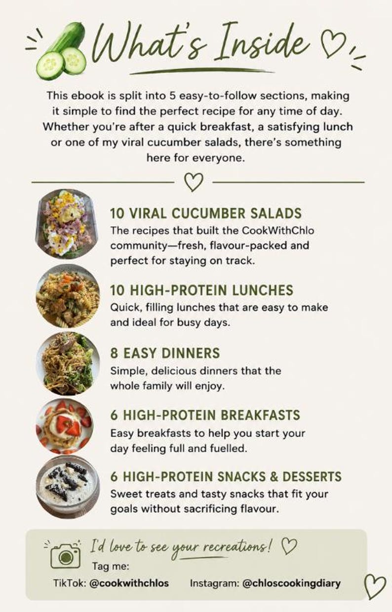 K&ouml;nnte beinhalten: Eine digitale E-Book-Informationsseite mit dem Titel What's Inside und einer Gurkengrafik. Sie listet f&uuml;nf Rezeptabschnitte auf: 10 Viral Cucumber Salads, 10 High-Protein Lunches, 8 Easy Dinners, 6 High-Protein Breakfasts und 6 High-Protein Snacks & Desserts.