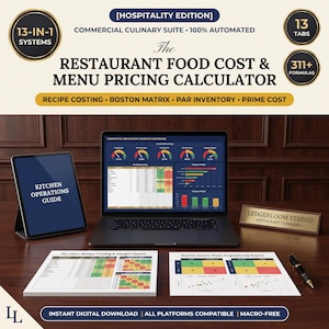 May include: A digital restaurant food cost and menu pricing calculator suite featuring a laptop displaying a dashboard, a tablet labeled Kitchen Operations Guide, two printed reports, and a desk nameplate reading Ledgerloom Studio.