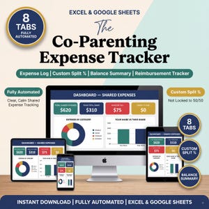 Peut inclure: Un outil numérique de suivi des dépenses de coparentalité pour Excel et Google Sheets avec 8 onglets entièrement automatisés. L'interface affiche un tableau de bord des dépenses partagées avec des graphiques, des catégories et un suivi des remboursements sur ordinateur, tablette et smartphone.