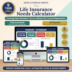 Peut inclure: Un calculateur numérique des besoins en assurance-vie pour Excel et Google Sheets affiché sur un écran d'ordinateur, une tablette et un smartphone. Le tableau de bord présente des graphiques, des diagrammes et des données financières.