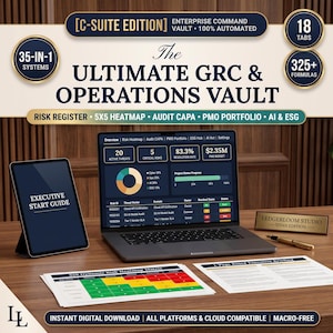 Pode incluir: Um conjunto de produtos digitais intitulado The Ultimate GRC & Operations Vault, incluindo um portátil com um painel de controlo de riscos, um tablet com um guia de início, uma matriz de mapa de calor de riscos 5x5 e um documento.