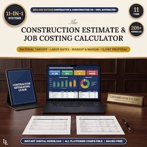 May include: A digital construction estimate and job costing calculator system featuring a laptop displaying a dashboard, a tablet with a contractor estimating guide, two printed summary sheets, and a desk nameplate labeled Ledgerloom Studio.