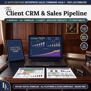 Op de afbeelding: Een digitaal dashboard op een laptopscherm met verkoop-pijplijngegevens, grafieken en omzetcurves. Daarnaast toont een tablet de Executive Client CRM Guide, samen met geprinte rapporten, een pen en een naambordje op een donkerhouten bureau.
