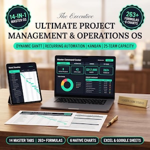 May include: A digital project management system displayed on a laptop and tablet screen, featuring a dashboard with charts, task lists, and Gantt timelines. Printed documents and a gold desk nameplate labeled Ledgerloom Studio are on the desk.