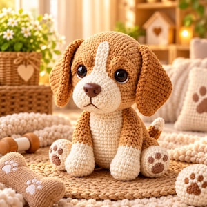 Può includere: Un cucciolo di beagle all'uncinetto realizzato con filato marrone e crema. Il cane ha grandi occhi neri, un naso marrone e orecchie pendenti. Le zampe presentano impronte ricamate in marrone. Un osso all'uncinetto abbinato con impronte bianche è vicino.