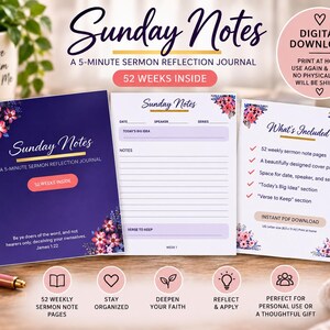 May include: A digital Sunday Notes sermon reflection journal featuring a dark purple cover with floral accents, a white interior page with lined sections for notes, and a white information page listing contents, all with text in English.