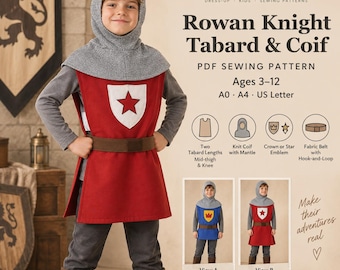 Può includere: Un cartamodello PDF per una tunica e una cuffia da cavaliere Rowan, con una tunica rossa decorata da uno scudo bianco con stella rossa, una cuffia in maglia grigia e una cintura marrone. Per bambini dai 3 ai 12 anni di età.