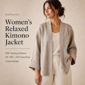 May include: A light beige relaxed kimono jacket with long sleeves and a folded cuff, worn over a white top. The text reads: SewFoundry, Women's Relaxed Kimono Jacket, PDF Sewing Pattern, XS-XXL | A0 Copyshop, Intermediate. The jacket has an open front.