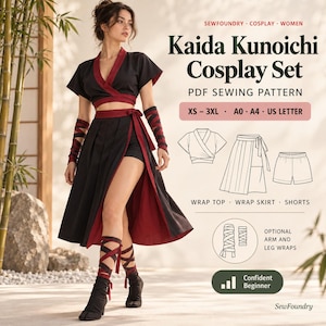 Może przedstawiać: Wykrój krawiecki PDF Kaida Kunoichi Cosplay Set zawierający czarno-ciemnoczerwoną bluzkę kopertową, spódnicę kopertową i szorty. Zawiera instrukcje dla opcjonalnych owijek na ręce i nogi. Rozmiary XS-3XL, formaty A0, A4, US Letter.
