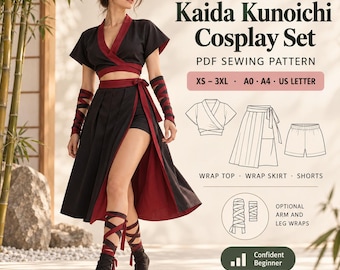 May include: Kaida Kunoichi Cosplay Set PDF sewing pattern featuring a black and dark red wrap top, wrap skirt, and shorts. Includes instructions for optional arm and leg wraps. Sizes XS-3XL available in A0, A4, and US Letter formats.