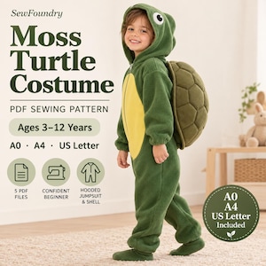 May include: A Moss Turtle Costume PDF sewing pattern for ages 3-12 years. The image shows a green hooded jumpsuit with a yellow belly panel and a detachable turtle shell. Text includes SewFoundry, A0, A4, US Letter, and 5 PDF files.