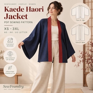 Può includere: Una giacca blu navy aperta sul davanti con colletto rosso scuro e maniche larghe. Il testo recita: SEWFOUNDRY, Kaede Haori Jacket, PDF SEWING PATTERN, XS-3XL, A0, A4, US LETTER, CONFIDENT BEGINNER, TWO LENGTHS HIP OR KNEE, OPEN FRONT KIMONO STYLE.
