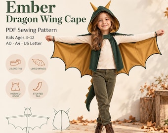 Kids Dragon Wing Cape Sewing Pattern, Horned Hood, Stuffed Tail (PDF)