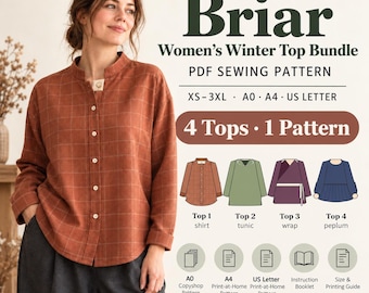 Può includere: Un cartamodello PDF intitolato Briar con quattro modelli di top: camicia, tunica, a portafoglio e peplum. L'immagine mostra una camicia a quadri color ruggine, taglie XS-3XL e formati per la stampa A0, A4 e US Letter.