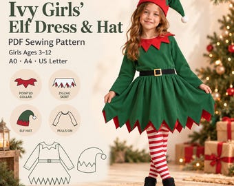 May include: A PDF sewing pattern for an Ivy Girls' Elf Dress & Hat, featuring a green dress with a red pointed collar, a black belt, a zigzag skirt hem, and a matching green elf hat with a red brim and white pom-pom, shown on a child.