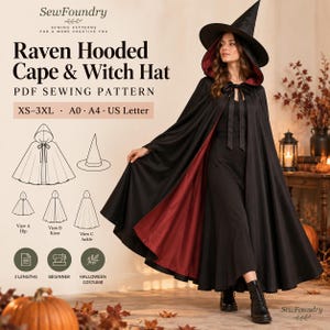 May include: A PDF sewing pattern for a Raven Hooded Cape and Witch Hat, featuring sizes XS-3XL. The pattern includes instructions for three lengths: hip, knee, and ankle. The design shows a black cape with a deep red lining and a matching witch hat.