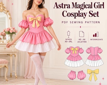 Può includere: Cartamodello PDF Astra Magical Girl Cosplay Set con un abito rosa senza spalline con fiocco giallo, maniche a sbuffo e orlo della gonna bianco. Include illustrazioni tecniche del davanti, del dietro, delle maniche e dei componenti del fiocco.