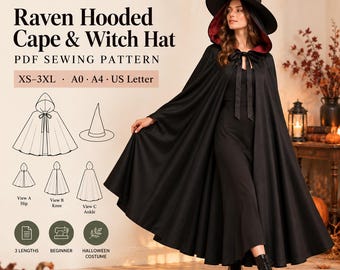Può includere: Un cartamodello PDF per una cappa con cappuccio Raven e un cappello da strega di SewFoundry. Il modello include le taglie XS-3XL e i formati A0, A4 e US Letter. Offre tre lunghezze: fianco, ginocchio e caviglia. L'immagine mostra una cappa nera con cappuccio e fodera rossa e un cappello da strega nero abbinato.