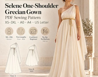 Può includere: Cartamodello PDF SewFoundry Selene One-Shoulder Grecian Gown per taglie XS-3XL. Include formati A0, A4 e US Letter. Offre due lunghezze, pavimento e midi, per un abito senza cerniera o bottoni. Include diagrammi a linee.