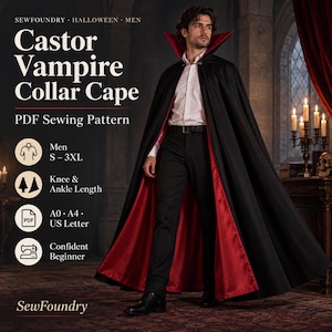 May include: A PDF sewing pattern for a Castor Vampire Collar Cape. The design features a black exterior with a deep red lining and a high, structured collar. The pattern includes sizes S-3XL, knee and ankle length options, and is formatted for A0, A4, and US Letter paper sizes.