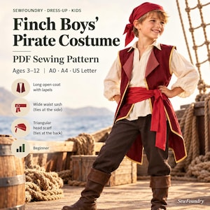 Puede incluir: Un patrón de costura en PDF para un disfraz de pirata que incluye un abrigo largo abierto con solapas, una faja ancha para la cintura que se ata al costado y un pañuelo triangular para la cabeza. El texto dice Finch Boys' Pirate Costume PDF Sewing Pattern.